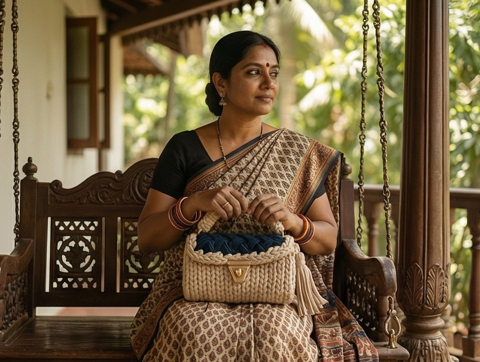 Cream and Navy Handmade Purse