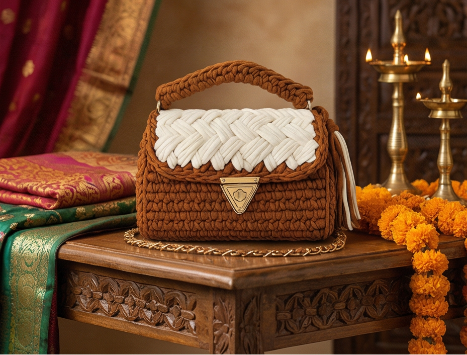 Brown and Cream Braided Handmade Purse