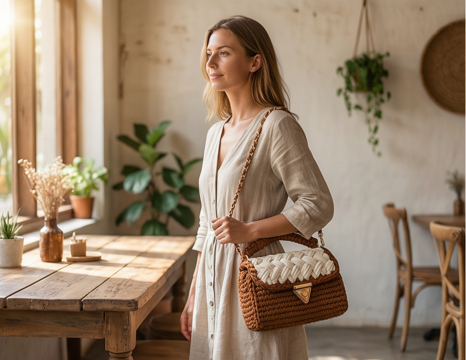 Brown and Cream Braided Handmade Purse