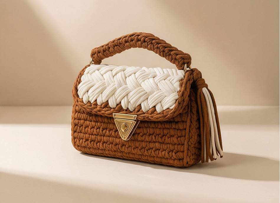 Brown and Cream Braided Handmade Purse