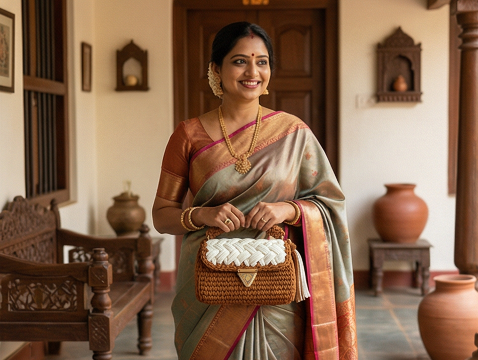 Brown and Cream Braided Handmade Purse