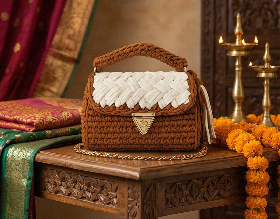 Brown and Cream Braided Handmade Purse