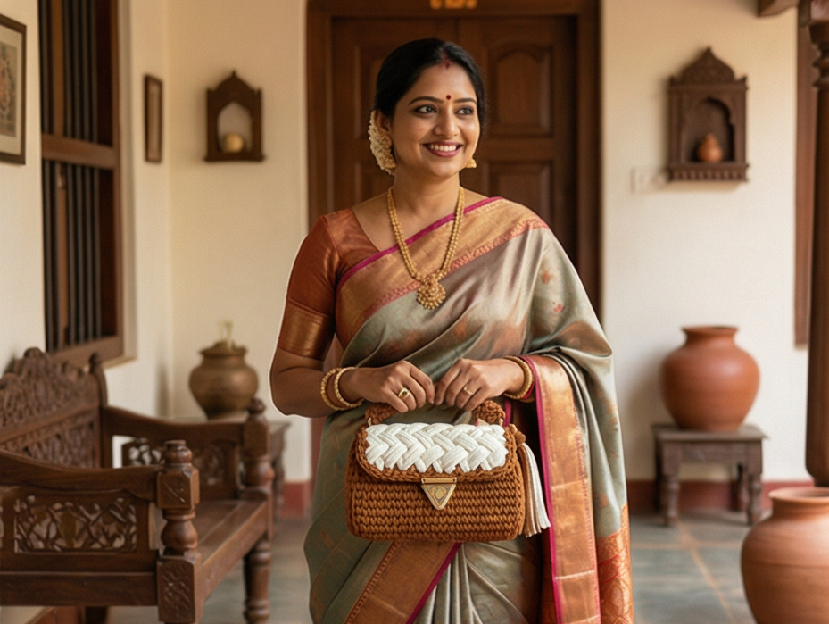 Brown and Cream Braided Handmade Purse
