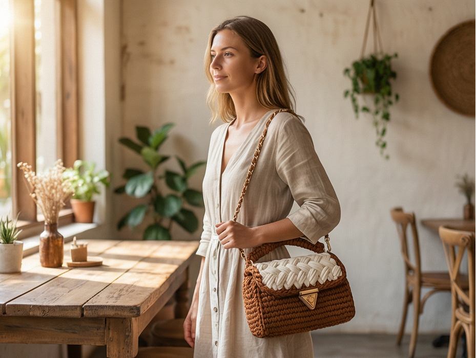 Brown and Cream Braided Handmade Purse