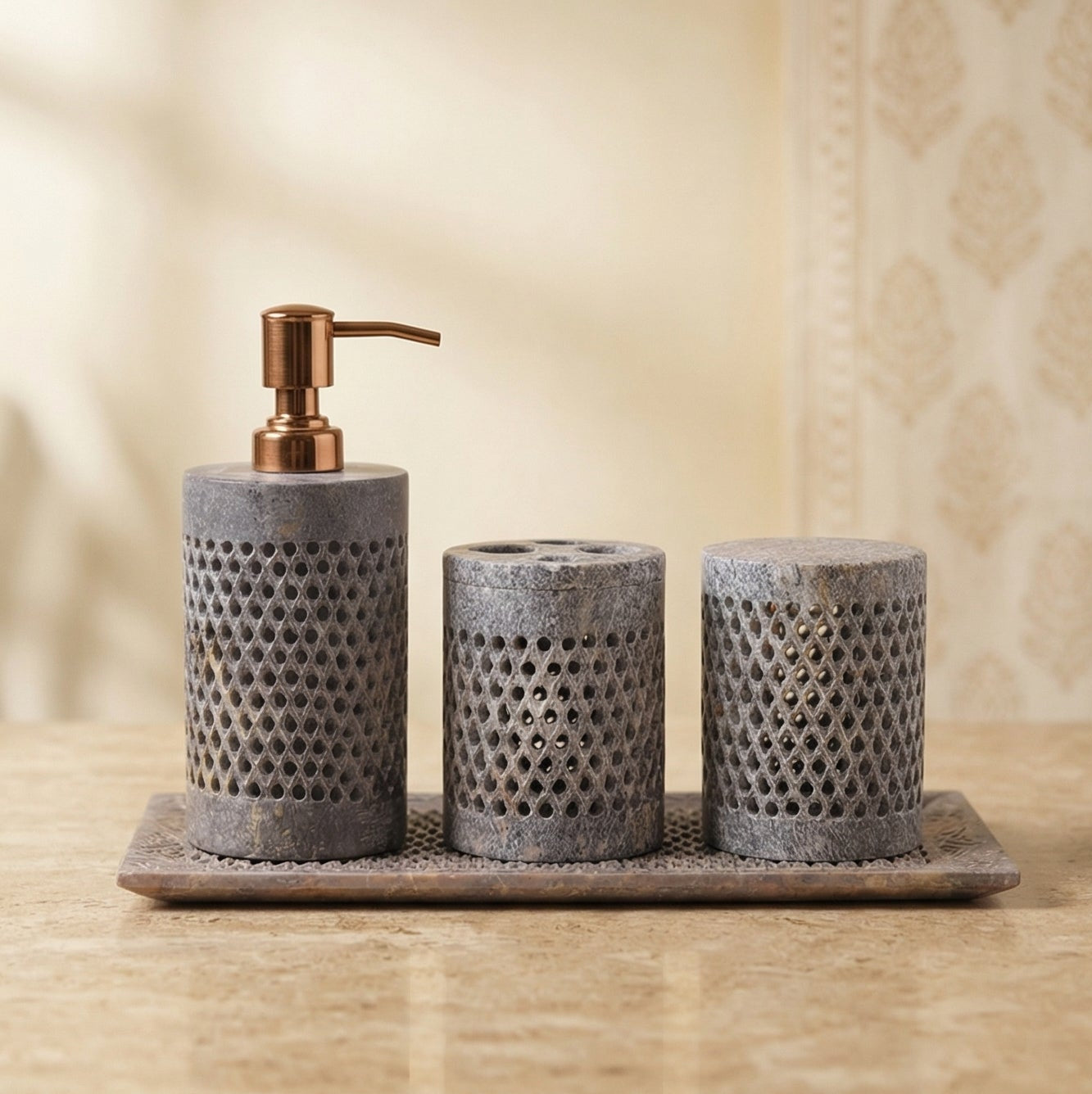 Beige Soapstone Bathroom Set With Tray